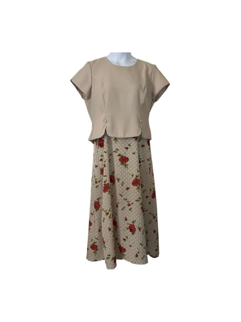 Sheri Martin New York Women’s 14 Beige Floral Polka Dot Midi Dress Vintage